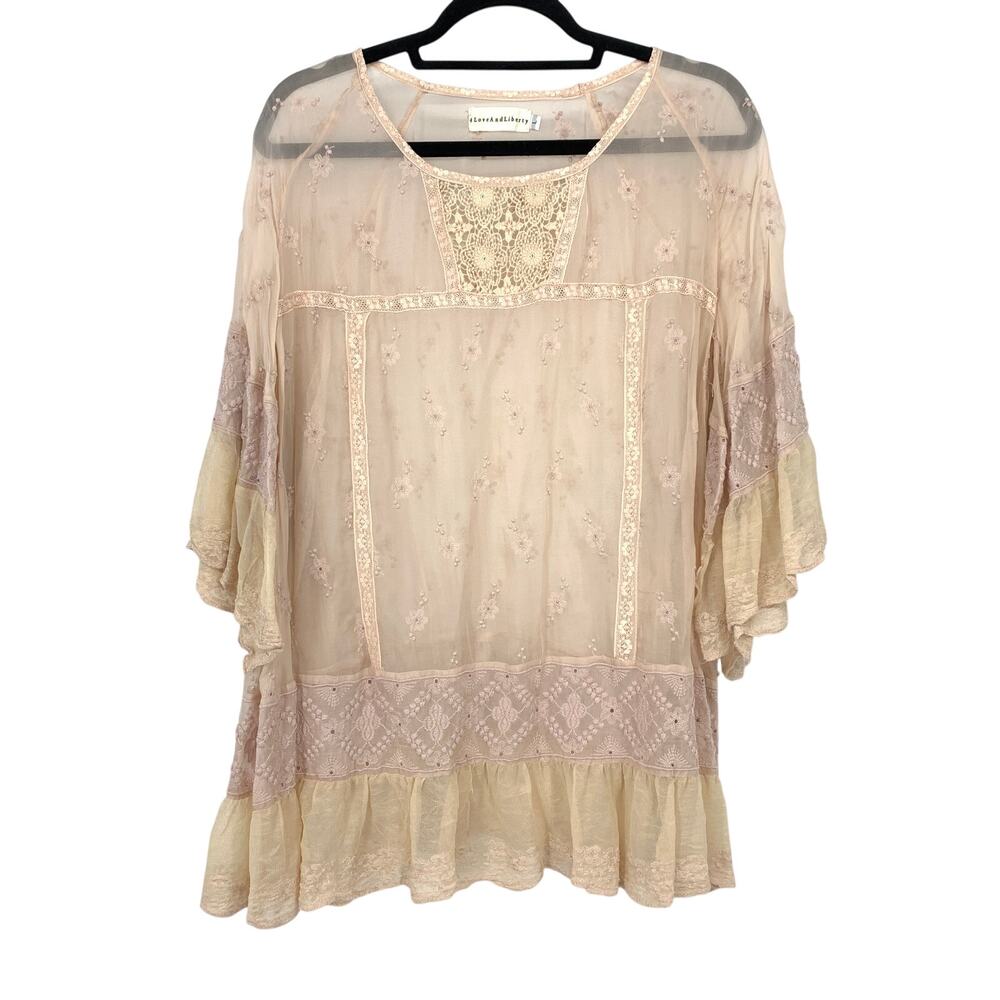 Johnny Was 4 Love and Liberty Dezi Shirt L Pink Floral Embroidery Bell Sleeves